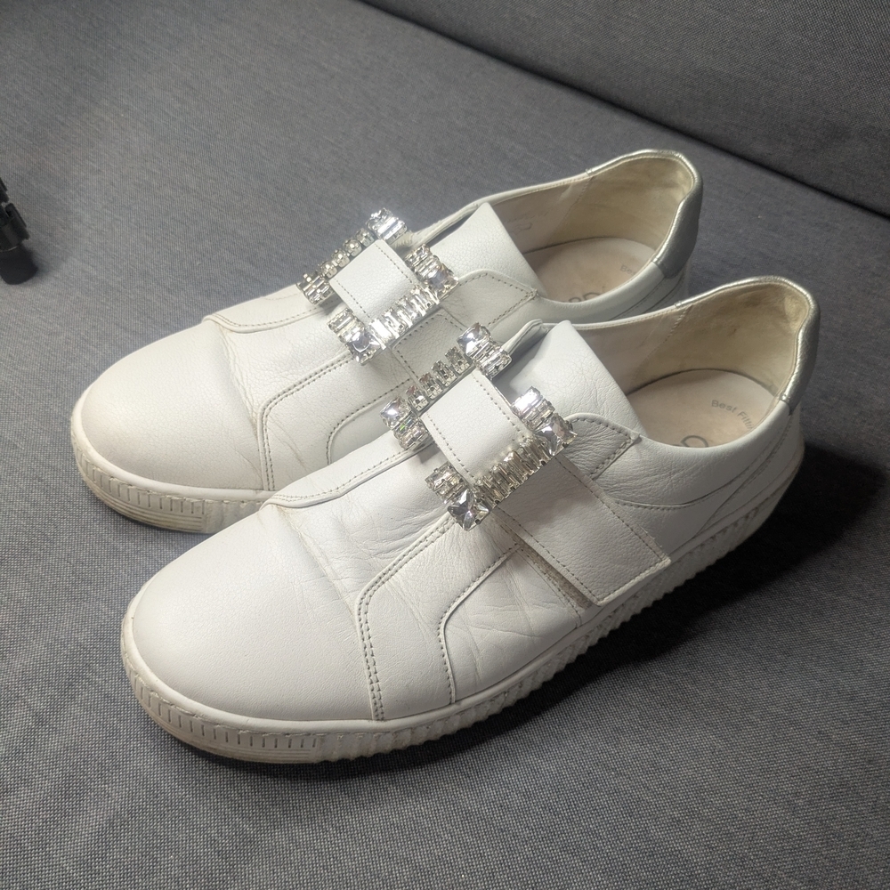 Gabor White Leather Sneakers Crystal Buckle Slip-On Shoes Women's Size 8.5